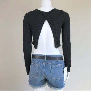Rehab long sleeve open back crop black knit top